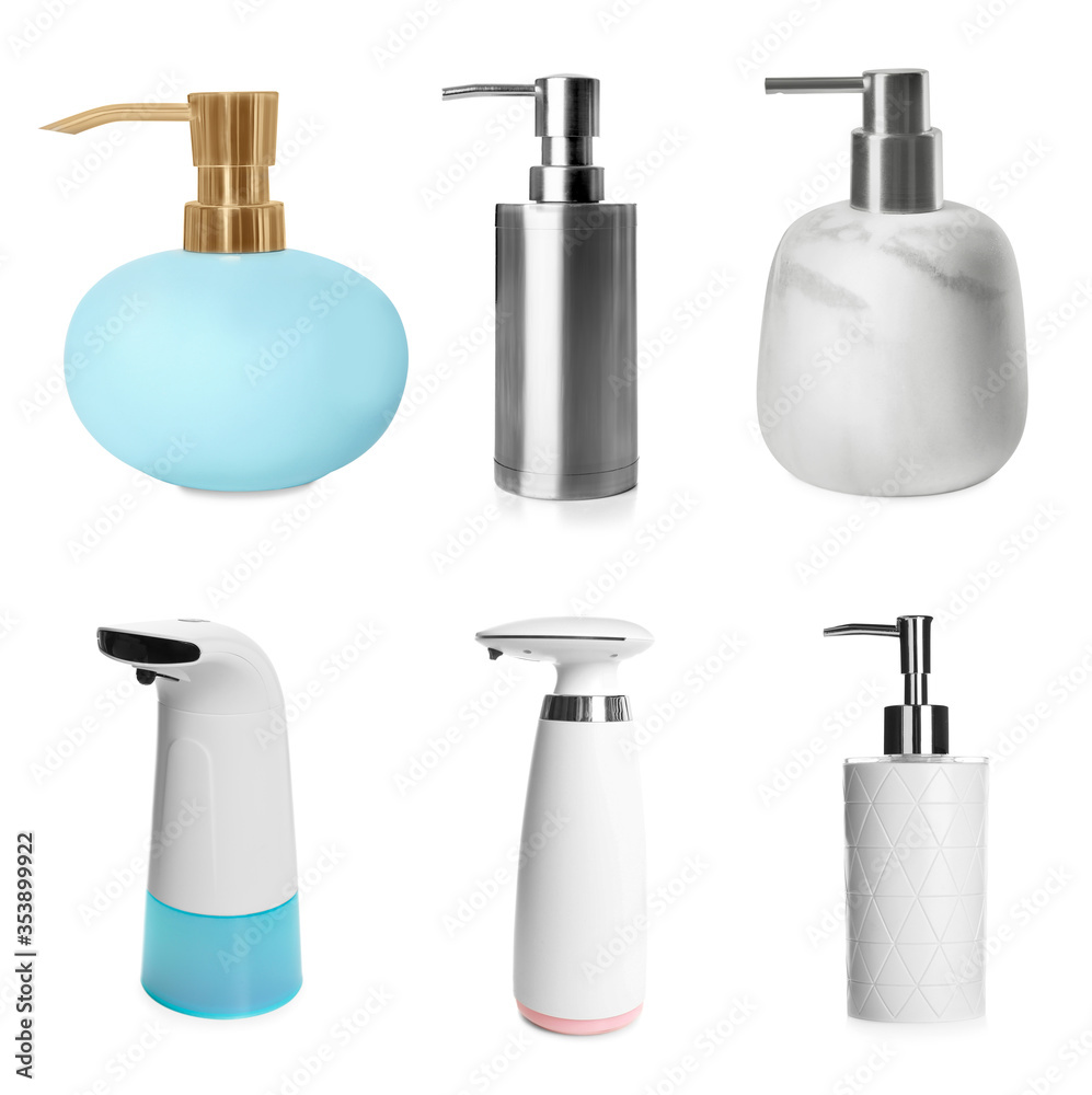 Obraz premium Set of different soap dispensers on white background
