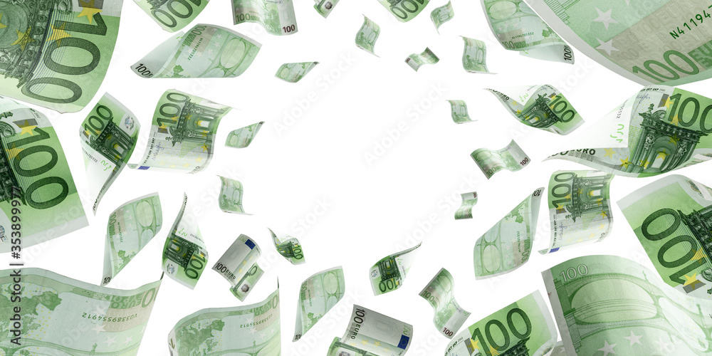 Money stack. Falling banknotes. European money on white isolation background. - obrazy, fototapety, plakaty 