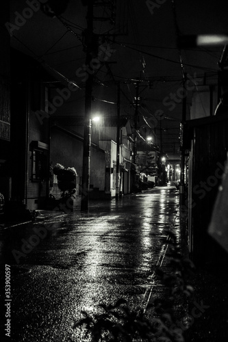 rainy street in the night in Japan with monochrome style picture 