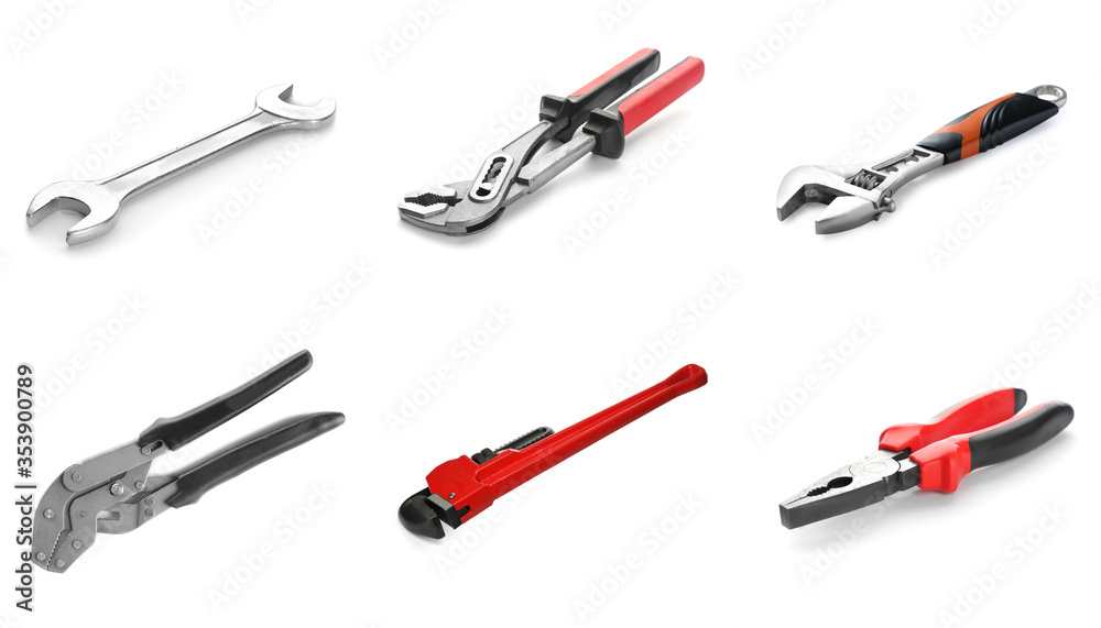 Set with plumber's tools on white background Set with plumber's tools on white background