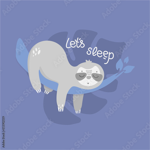 Vector hand draw sloth sleeping in the jungle. Cute animal illustration. Let`a sleep design