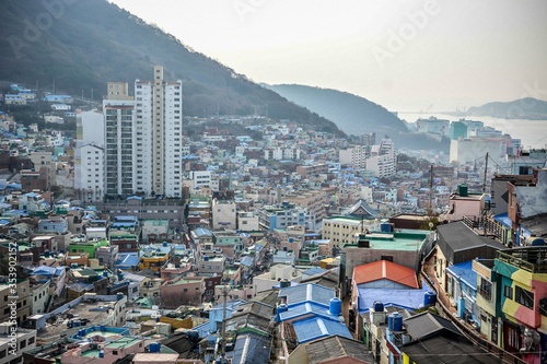 Local lifestyle with background of colorful houses of Gamcheon Cultural Village, Busan, South Korea