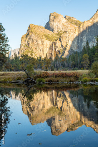 The reflection of Cathedral Peak on the Merced River from the Yosemite Valley Viewpoint