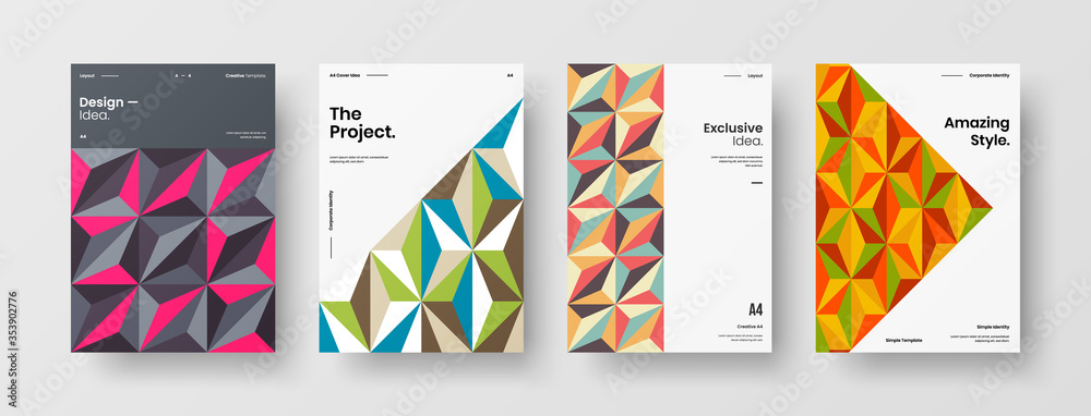 Company identity brochure template collection. Business presentation vector A4 vertical orientation front page mock up set. Corporate report cover abstract geometric illustration design layout bundle.