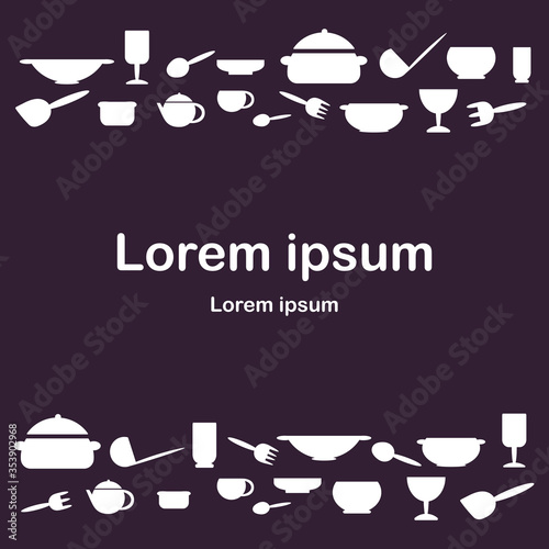 Cooking food frame template for food with Cutlery, kitchen accessories. Hand-drawn Cutlery. Space for text. Vector illustration