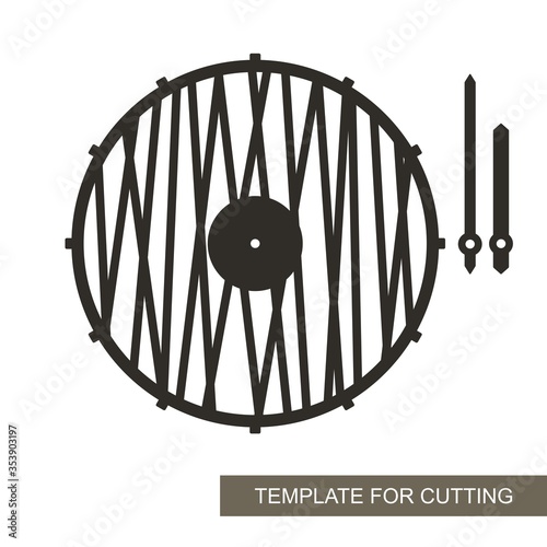 Unusual round wall clock in a minimalistic modern style. Dial without numbers, pattern of straight lines, minute and hour hands. Vector template for laser cutting of paper, wood, plywood, metal (cnc).