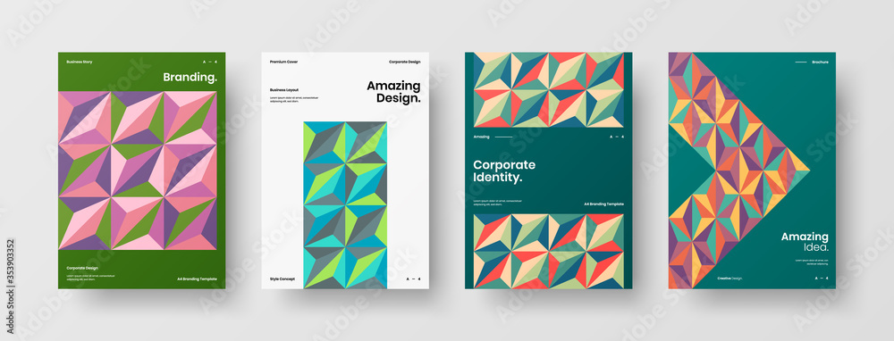 Company identity brochure template collection. Business presentation vector A4 vertical orientation front page mock up set. Corporate report cover abstract geometric illustration design layout bundle.