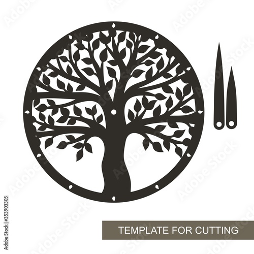 Round dial with decorative tree (trunk, branches, leaves) inside. Hour and minute hands. An unusual design element for the interior. Vector layout for laser cutting (cnc).