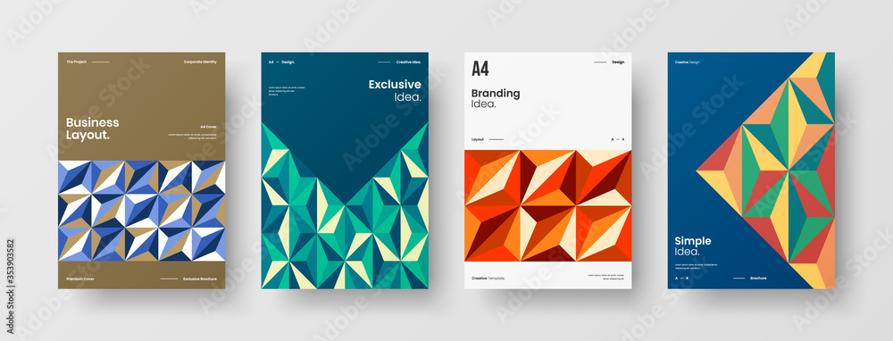 Company identity brochure template collection. Business presentation vector A4 vertical orientation front page mock up set. Corporate report cover abstract geometric illustration design layout bundle.