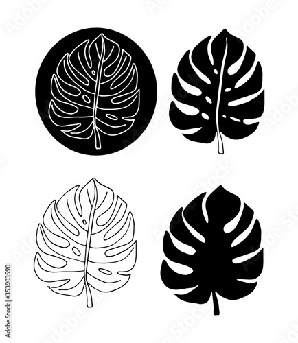 Black and white monstera leaves set. Hand drawing vector illustration for logo design. Minimalism line art. Botanical modern decor.