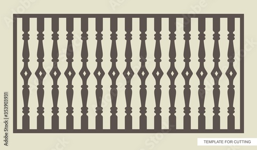 Rectangular fence (lattice, railings, panel) with classic balusters. Template for plotter laser cutting (cnc), wood carving, metal engraving, paper cut. Vector illustration. 