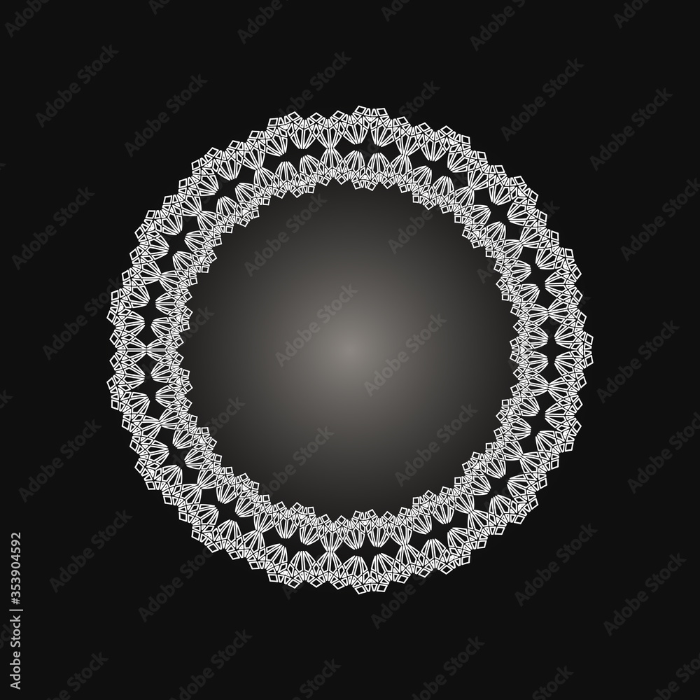 White frame with lace ornament in circle on black background. Art deco. Luxury round mandala, hand draw design. Ethnic motif. Abstract vector illustration.Template design for invitation, poster, card. White frame with lace ornament in circle on black background. Art deco. Luxury round mandala, hand draw design. Ethnic motif. Abstract vector illustration.Template design for invitation, poster, card.