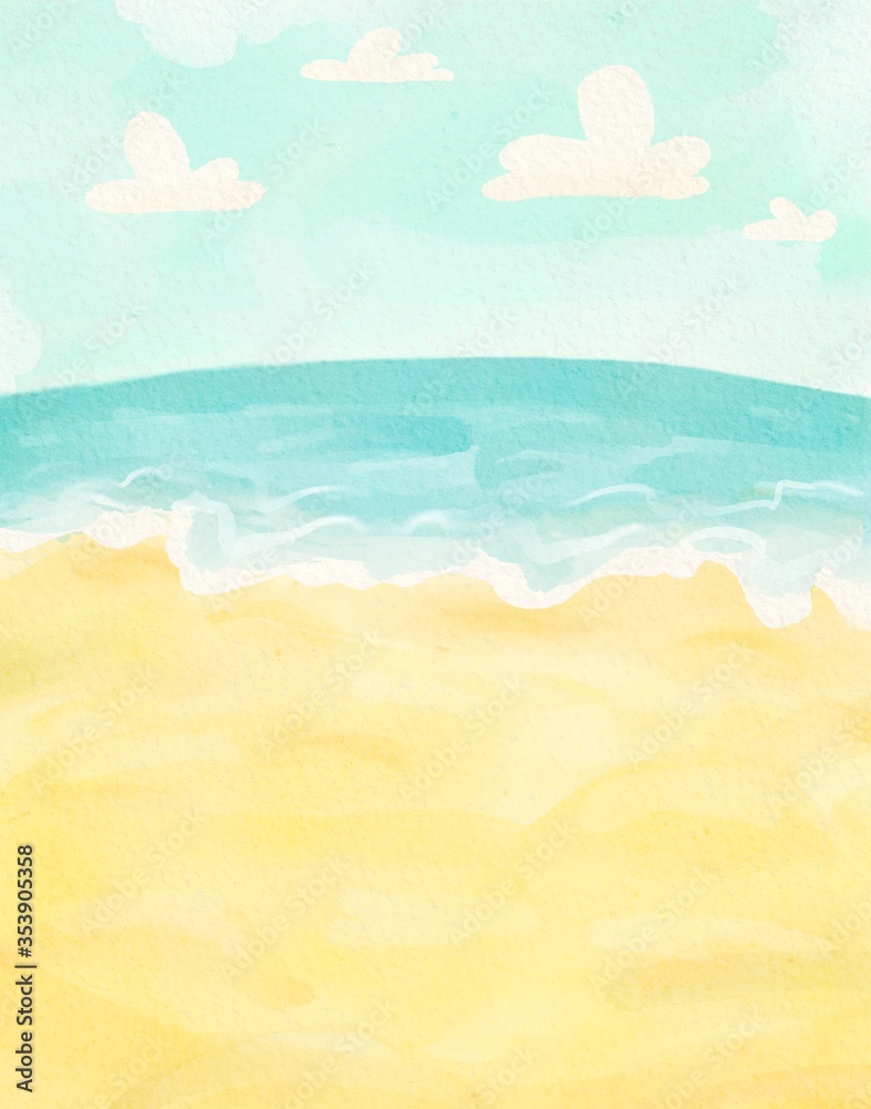 watercolor beach background. Seascape. Summer tropical beach with golden sand and palmes. Hand drawn