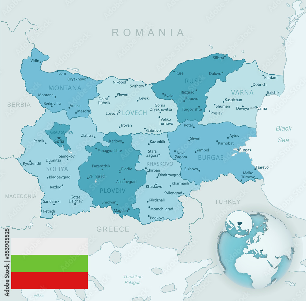 Blue-green detailed map of Bulgaria administrative divisions with country flag and location on the globe. Vector illustration