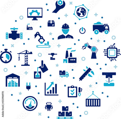 industry / manufacturing vector illustration. Concept with icons related to production automation, industrial process engineering, heavy industry, factory.