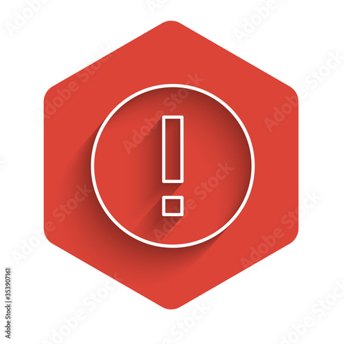 White line Information icon isolated with long shadow. Red hexagon button. Vector. Illustration