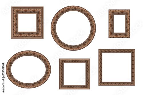 Big set of squared and round vintage wooden frame with floral ornament for your design. Vintage cover. Place for text. Vintage antique beautiful rectangular frames. Template vector illustration.