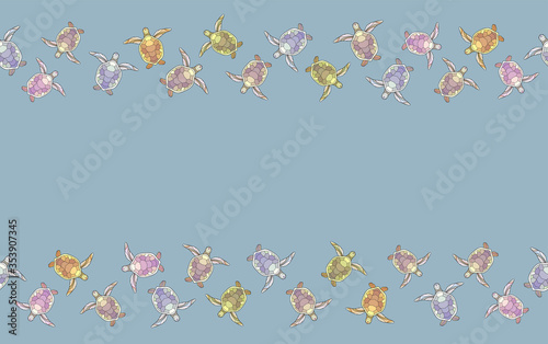 Cute hand drawn colorful turtles on light blue-gray background. Seamless animal ocean border. Suitable for poster, banner, cover.