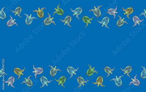 Cute hand drawn colorful turtles on bright blue background. Seamless animal ocean border. Suitable for poster, banner, cover.