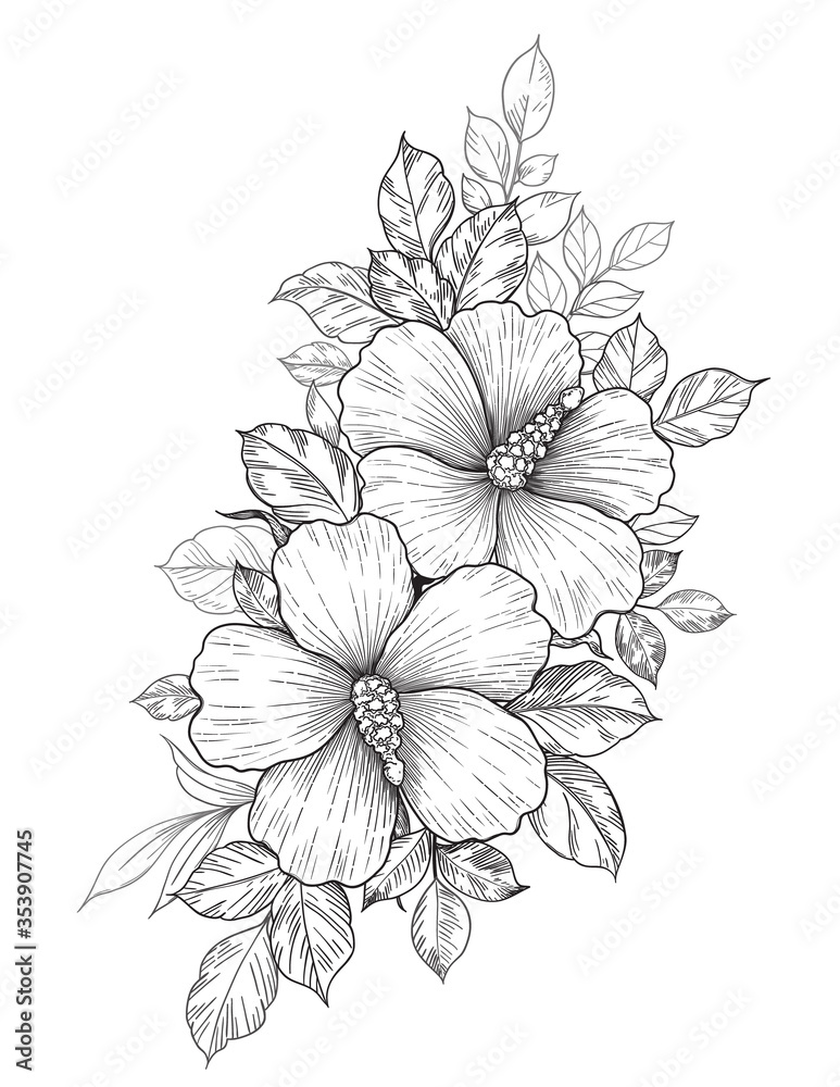 Hand Drawn Floral Bunch with Hibiscus and Leaves