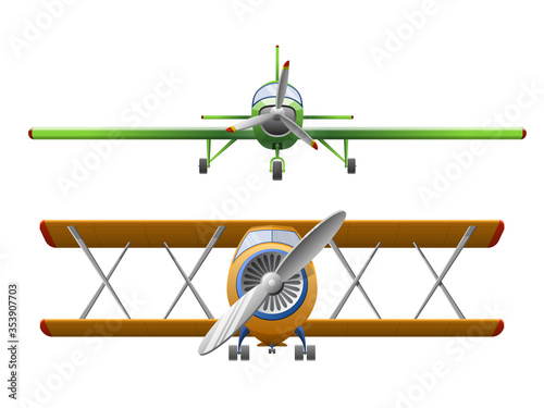 Set of airplane in cartoon style isolated on white background. Agricultural propeller plane. Vector illustration