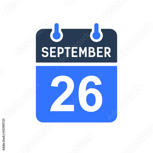 September 26 Calendar Date Icon, Event Date Icon, Calendar Date, Icon Design Vector Graphic