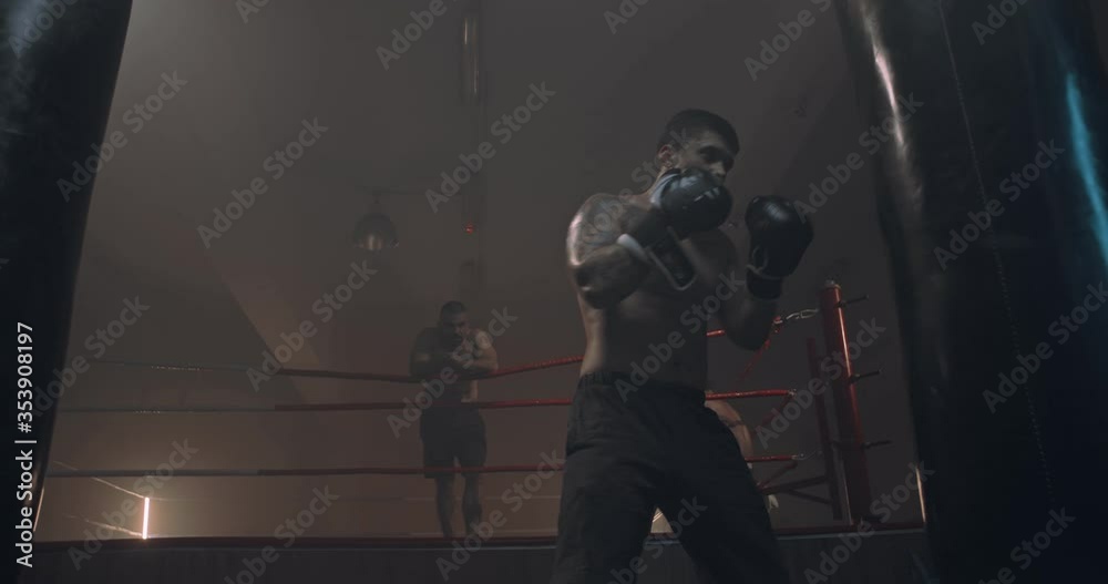 Brutal shirtless young Caucasian strong male boxer with tattoo punching bag in gym at ring and training. Mixed-races sportsmen watching him from background. Man boxing and exercising concept.
