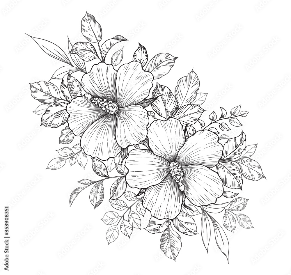 Hand Drawn Floral Bunch with Hibiscus Flowers