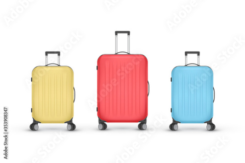 Set of realistic plastic suitcases. Travel bag isolated on white background. Vector Illustration