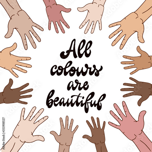 Canvas Print hand lettering anti racist quote decorated with people's arms of different skin tone