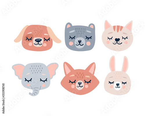 Cute animals heads with closed eyes. Cute cartoon funny character. Pet baby print collection. Scandinavian style.