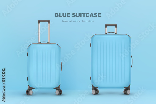 Realistic plastic suitcase. Red travel bag isolated on white background. Traveling banner template. Vector Illustration