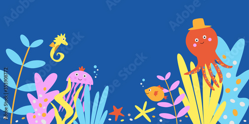 Cute sea animals vector illustration on navy blue background. Kawaii marine creatures swimming underwater on coral reef in seaweeds - octopus seahorse jellyfish and starfish. Colorful sea life banner 