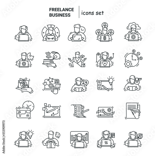 Set of freelancer’s guide line icons. Freelancing basics.The benefits and drawbacks of freelancing.Vacancies for remote work.Isolated linear vector illustrations.Editable stroke
