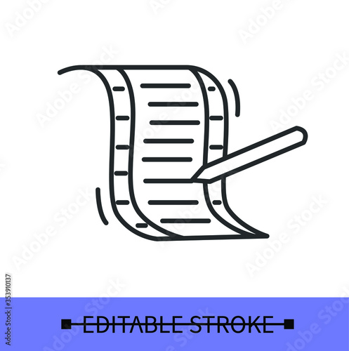 Scriptwriting line icon. Scriptwriting services.Script development concept.Film scenario.Isolated linear vector illustrations.Editable stroke
