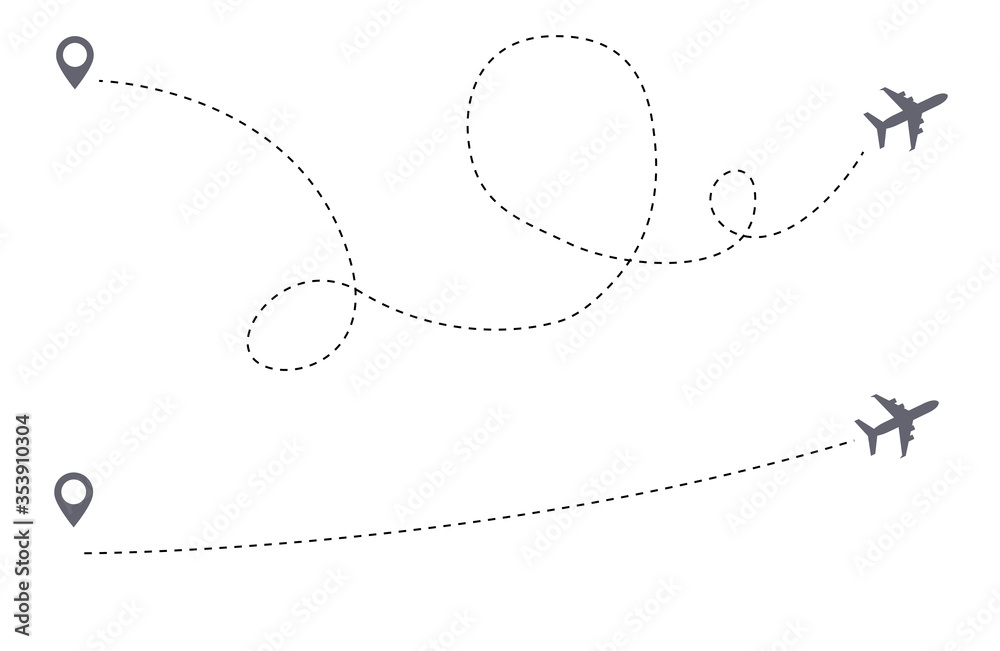 Difficult route versus simple air route . Optimization of travel, itinerary, transportation logistics, destination icon, difficult, winding path, and straight route, dashed line trace airplane. Vector Difficult route versus simple air route . Optimization of travel, itinerary, transportation logistics, destination icon, difficult, winding path, and straight route, dashed line trace airplane. Vector