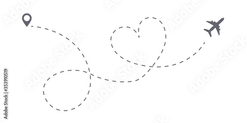 Love trip airplane route icon. Honeymoon Romantic travel symbol, heart dashed line trace. Simple hearted airplane path, flight air dotted love valentine day drawing isolated vector.
