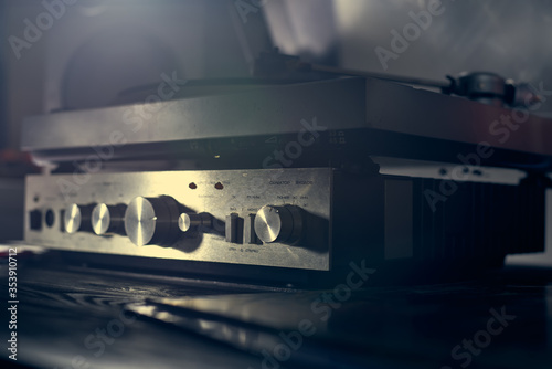 Music amplifier for vinyl player, turntables. Old school. musical atmosphere. Old player and analog music. macro photo