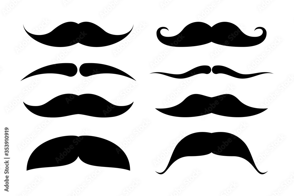 Set of mustaches isolated on white background. Black silhouette of adult man moustaches. Vector illustration Set of mustaches isolated on white background. Black silhouette of adult man moustaches. Vector illustration