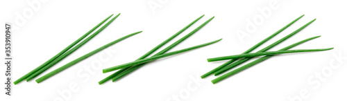 Chives isolated. Young green onion. Collection. Flat lay. Top view.