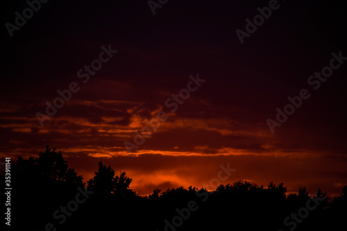  colorful sunset with red sky and trees and clouds