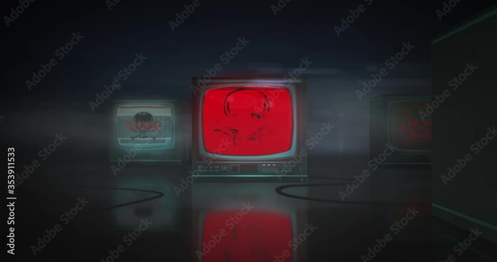 Gloomy room with monitors showing glitch virus skull symbols. Approaching tracking shot animation. Gloomy room with monitors showing glitch virus skull symbols. Approaching tracking shot animation.
