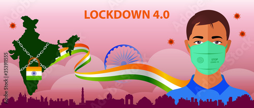 India Extended lockdown to fight with Covid-19 pandemic. Lockdown 3.0 background with corona warrior with protective mask. Stay home stay safe india graphic for website and social media blog post.