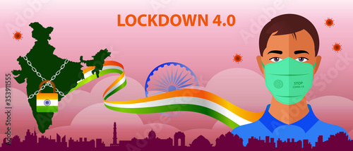 India Extended lockdown to fight with Covid-19 pandemic. Lockdown 3.0 background with corona warrior with protective mask. Stay home stay safe india graphic for website and social media blog post.