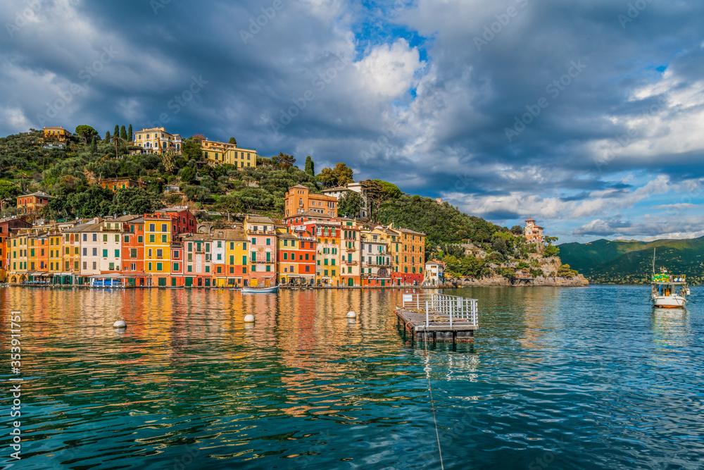 Colorful houses in the bay of beautiful coastal town Portofino in region of Cinque terre in Liguria in Italy