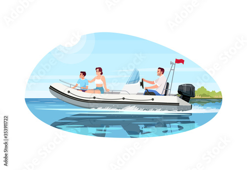 Family in speedboat semi flat vector illustration. People relax together in sailboat. Mother with child in ship. Husband steer boat. Summer recreation 2D cartoon characters for commercial use