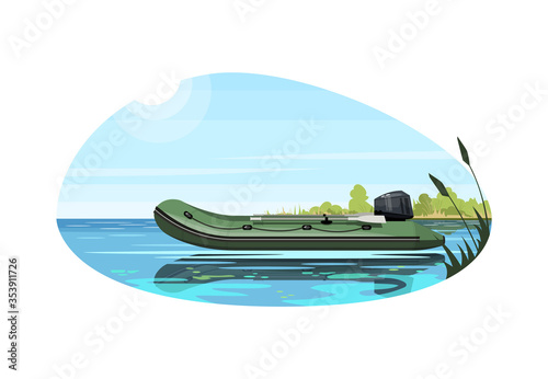 Inflatable boat with engine semi flat vector illustration. Maritime vessel with motor for fishing. Speed boat for recreational trip. Rubber ship with paddle 2D cartoon object for commercial use