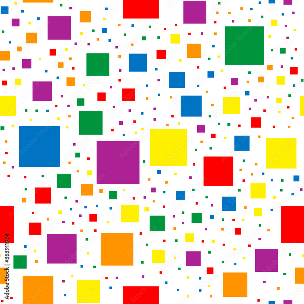 Seamless pattern with squares in colors of LGBT flag. Colorful rainbow pixels of different sizes on a white background. Gay, lesbian, transgender love, pride month concept. Seamless pattern with squares in colors of LGBT flag. Colorful rainbow pixels of different sizes on a white background. Gay, lesbian, transgender love, pride month concept.