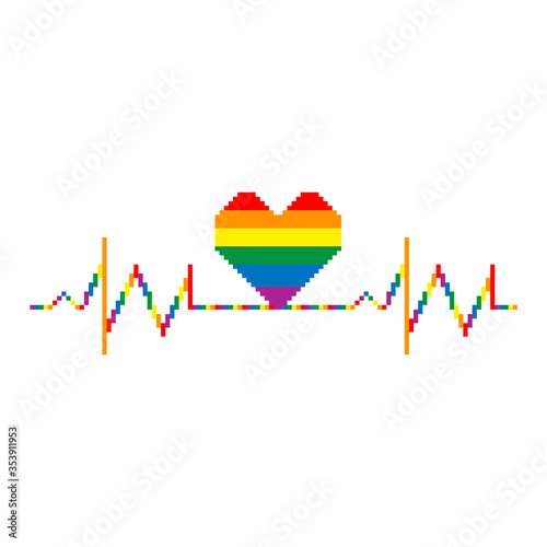 Pixel rainbow cardiogram with heart. Colorful vector symbol of gay lesbian, transgender love with rainbow lgbt flag. Pride month concept.