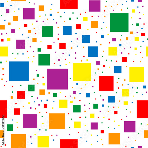 Seamless pattern with squares in colors of LGBT flag. Colorful rainbow pixels of different sizes on a white background. Gay, lesbian, transgender love, pride month concept.